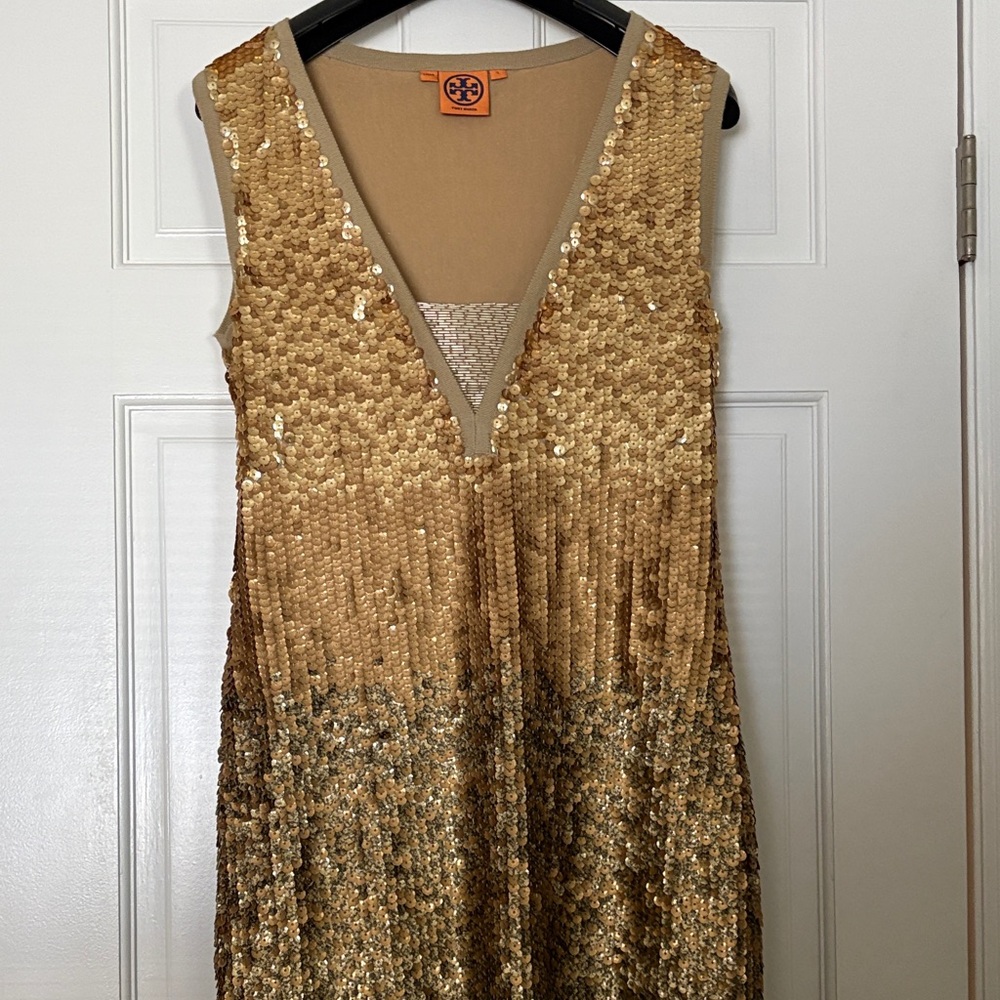 Tory Burch Gold Sequin V-Neck Dress